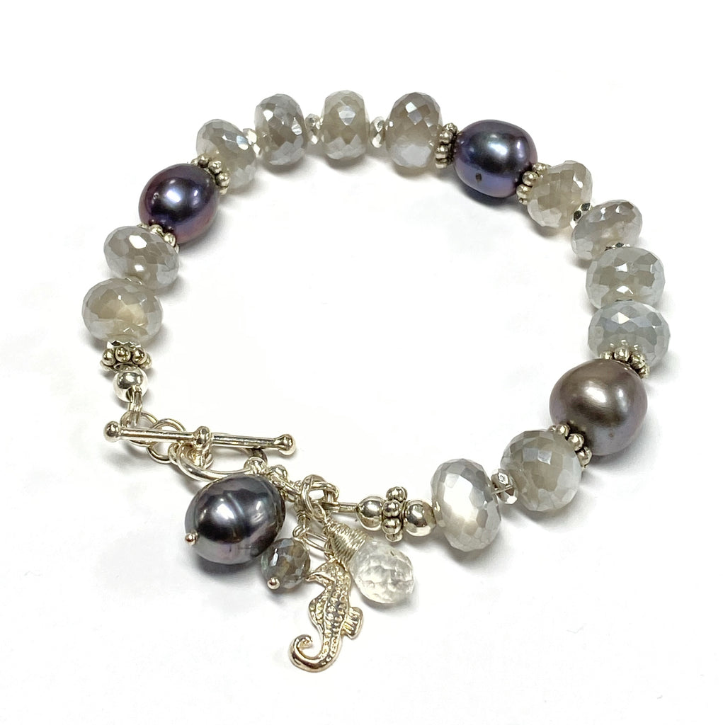 Grey Mystic Moonstone and Peacock Pearl Bracelet Sterling Silver