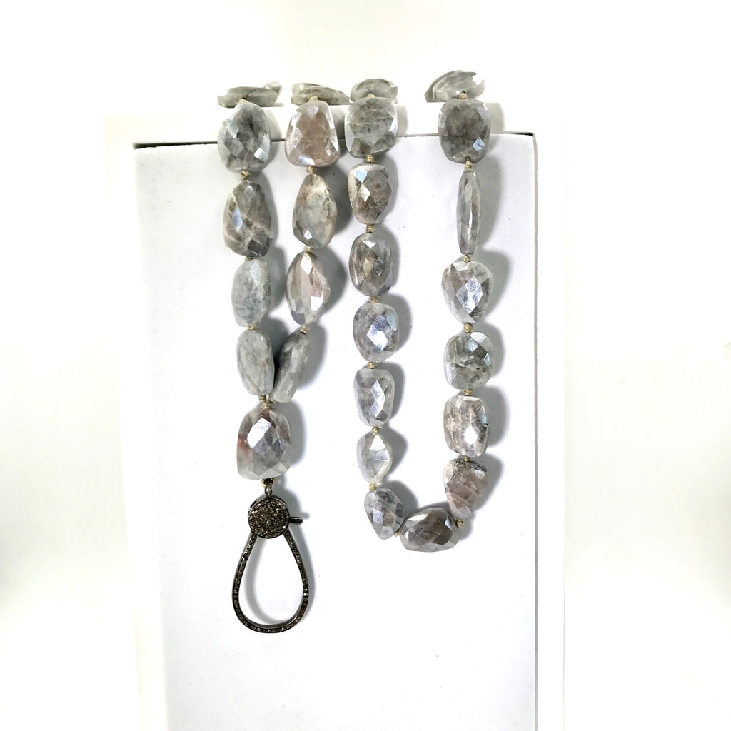 Diamond Clasp Long Boho Necklace Mystic Silver Grey Sapphire Slices - doolittlejewelry