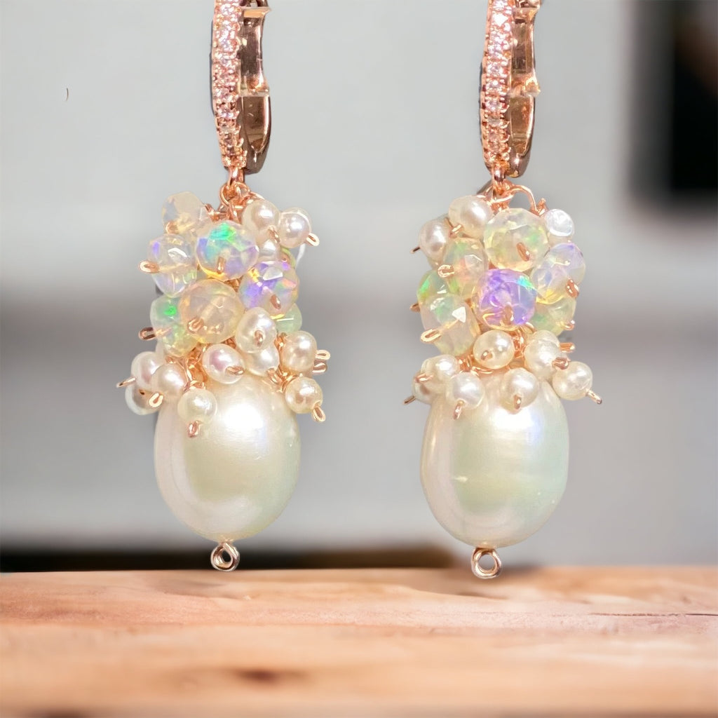 Pearl and Opal Cluster Earrings Rose Gold Fill