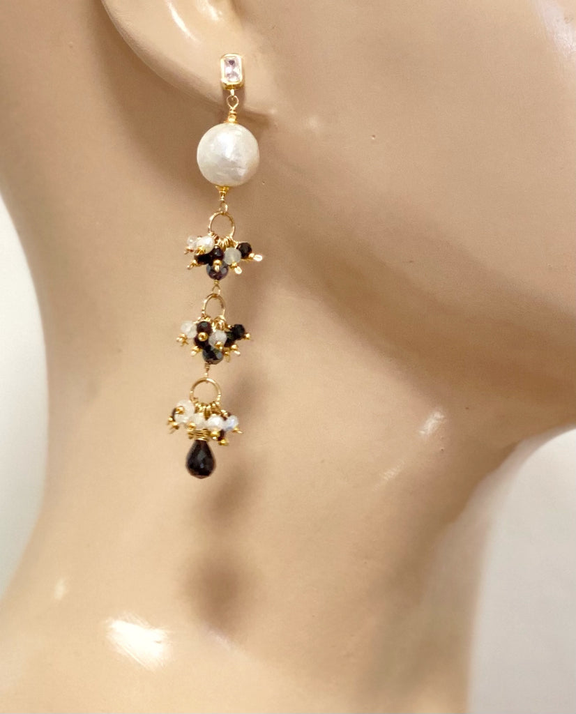 Edison Pearl Long Dangle Earrings with Black Spinel, White Pearl, Moonstone