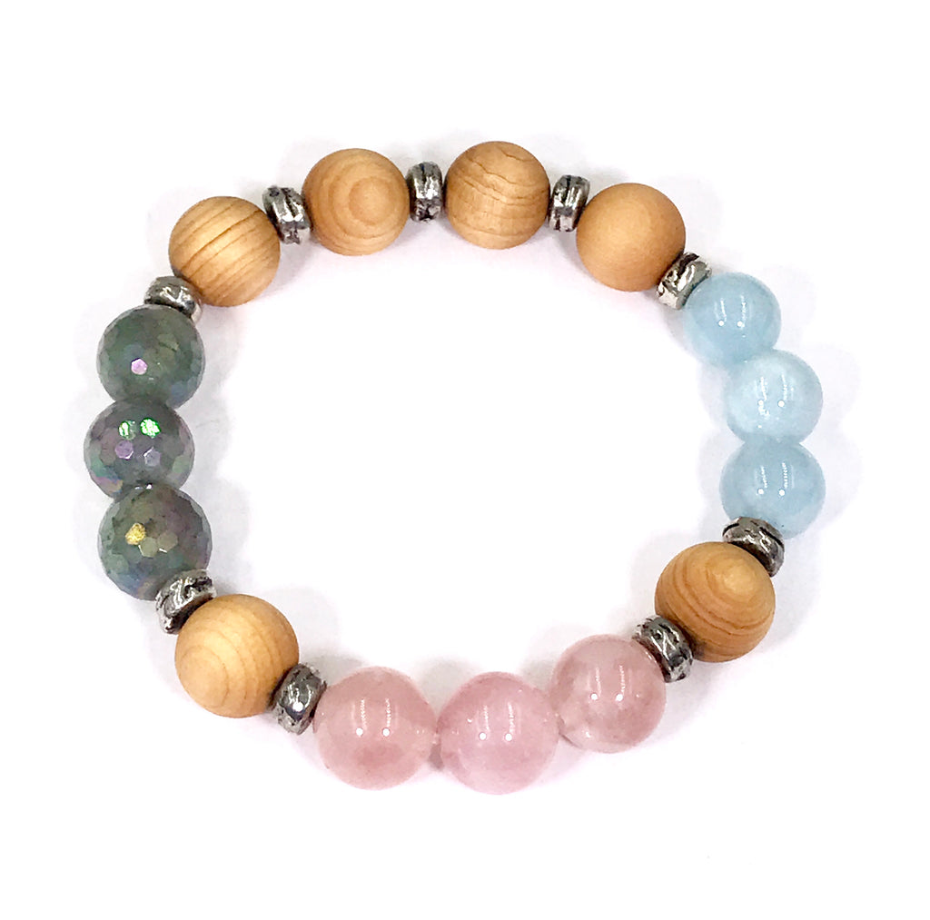 Colorful Pastel Stretch Stacking Bracelet Set of 3 Rose Quartz Moonstone Sandalwood - doolittlejewelry