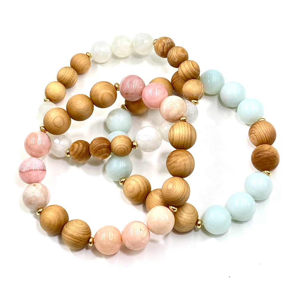 Pastel Gemstone Sandalwood Stretch Stacking Bracelet Set