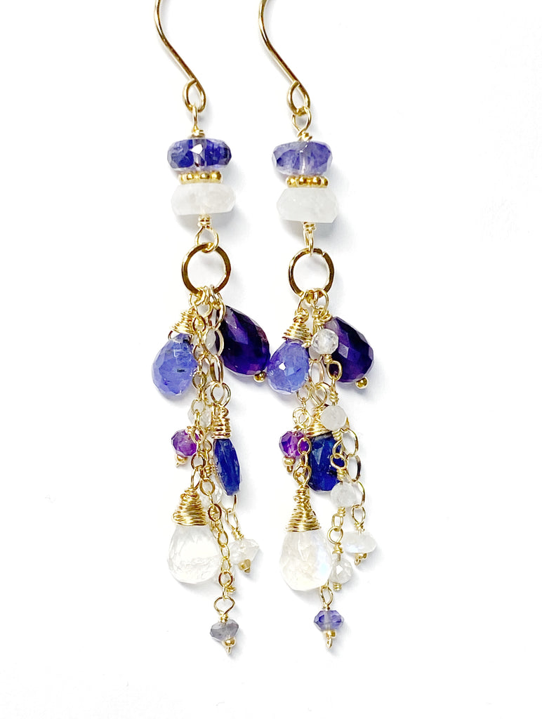 Blue Violet Gemstone Dangle Earrings - Amethyst, Tanzanite, Kyanite, Moonstone