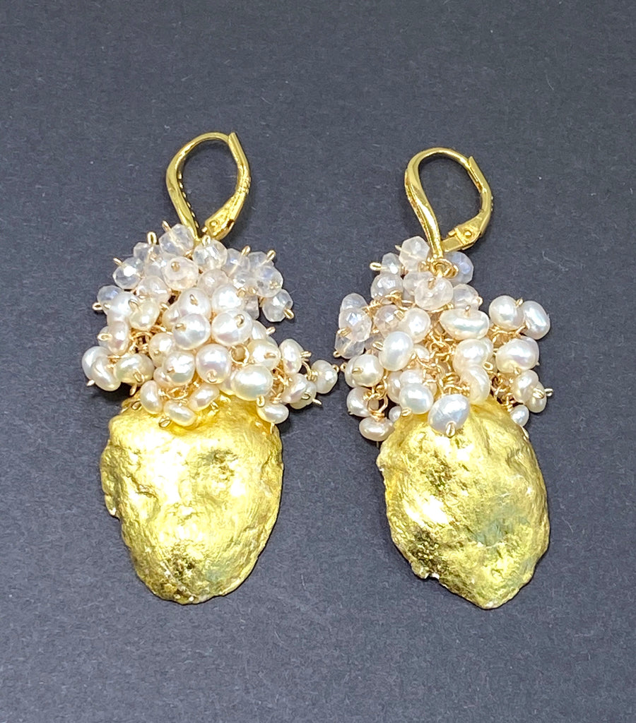 Ivory Beige Tabasco Geode Pearl Cluster 24 kt Gold Leaf Earrings - doolittlejewelry