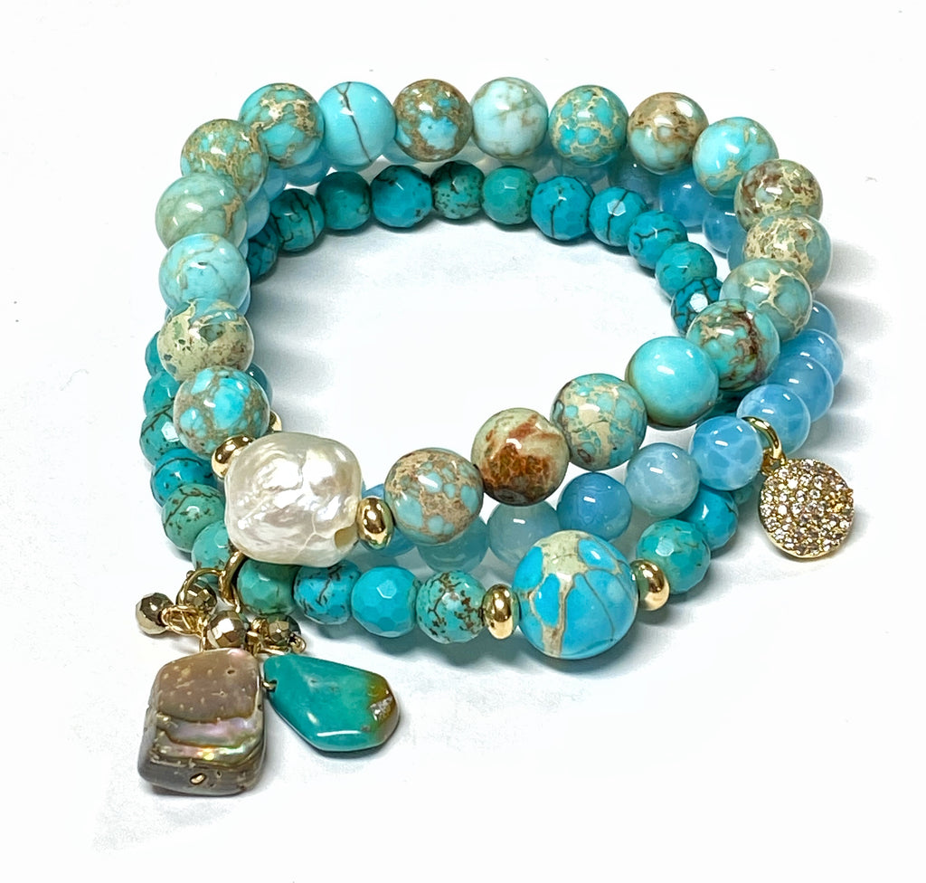 Turquoise, Imperial Jasper, Blue Chalcedony Stretch Stack Bracelet Set of 3