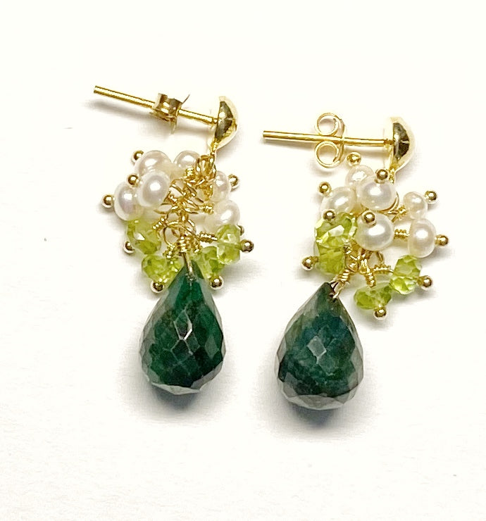 Emerald and Peridot Pearl Cluster Earrings Gold