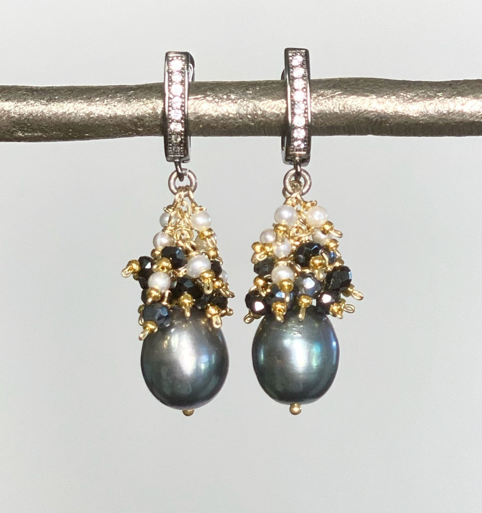 Black Pearl Earrings with White Pearl and Black Spinel Clusters Lever Back