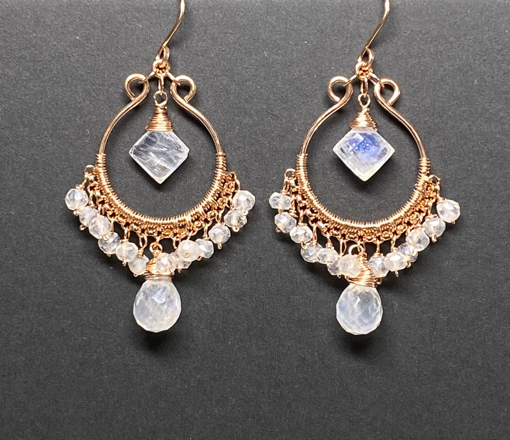 Rainbow Moonstone Rose Gold Hoop Chandelier Earrings