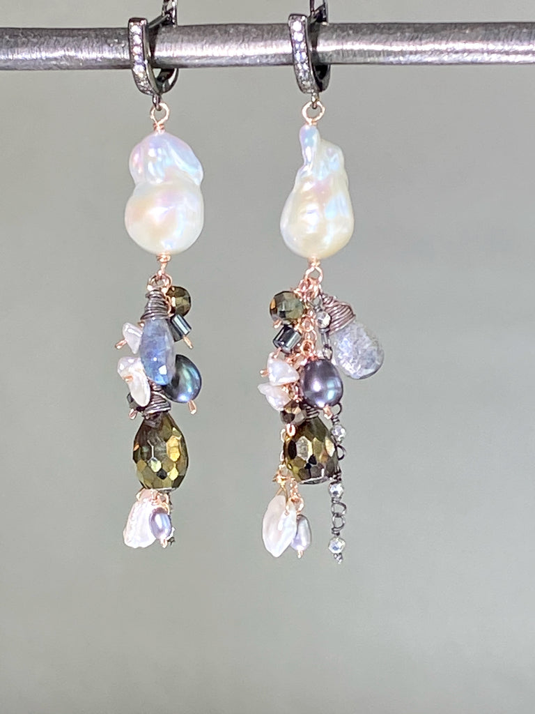 Baroque Pearl Mixed Metal Rose Gold Oxidized Silver Labradorite Dangle Earrings