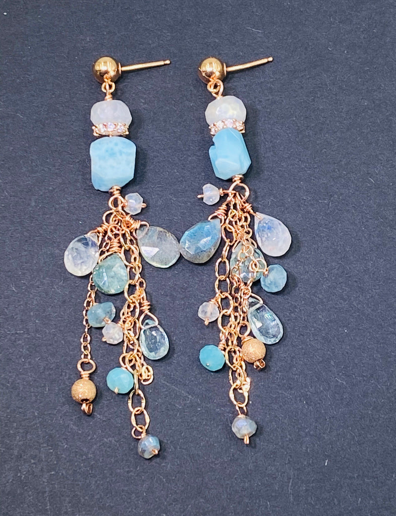 Larimar Labradorite Moonstone Rose Gold Boho Dangle Earrings - doolittlejewelry