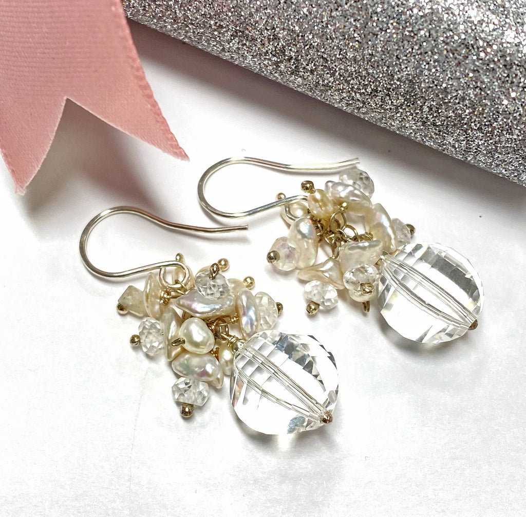 Cut Crystal Quartz, Keishi Pearl Cluster Earrings, Sterling Silver - doolittlejewelry