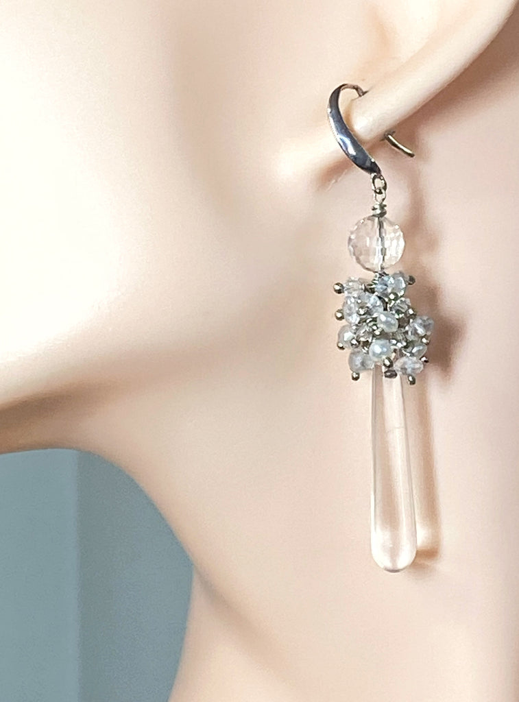 Pearl Cluster Long Crystal Quartz Drop Wedding Earrings - Doolittle