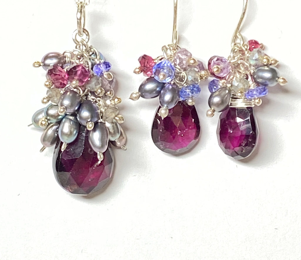 Rhodolite Garnet Gemstone Pearl Cluster Jewelry Set Necklace Earrings