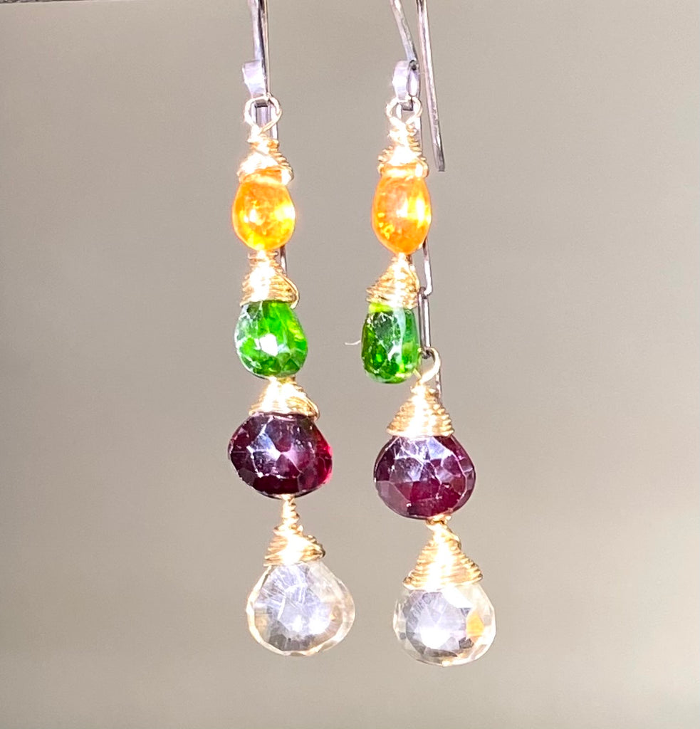 Multi Gemstone Dangle Earrings Mixed Metal Garnet Chrome Diopside