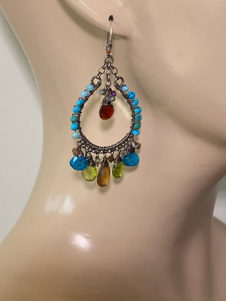 Multi-color Gemstone Oxidized Silver Boho Hoop Earrings Turquoise Peridot Mystic Hessonite - doolittlejewelry