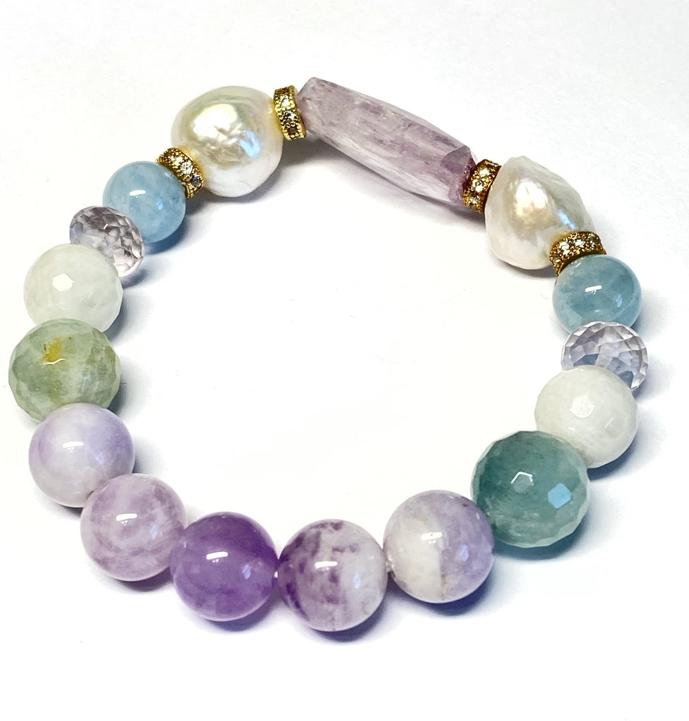 Kunzite, Pearl, Pastel Gemstone Stretch Stacking Bracelet