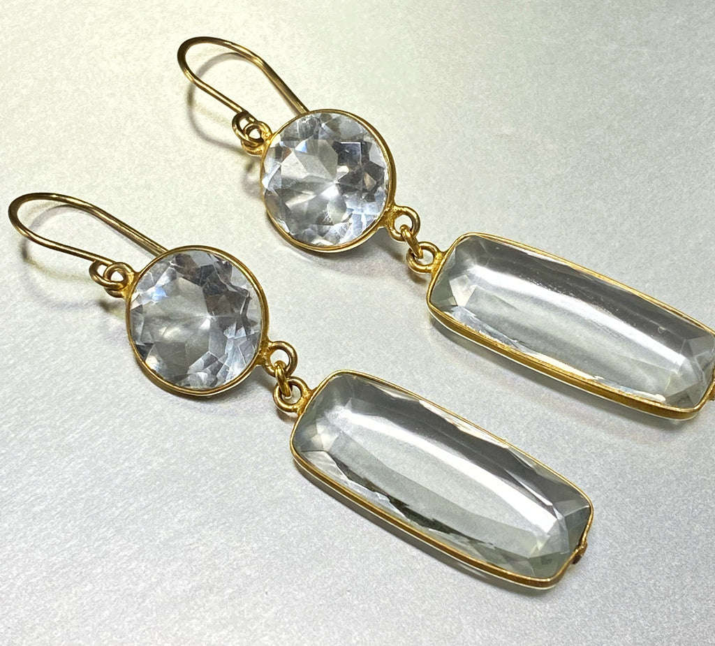 Long Sparkly Crystal Quartz Earrings Gold