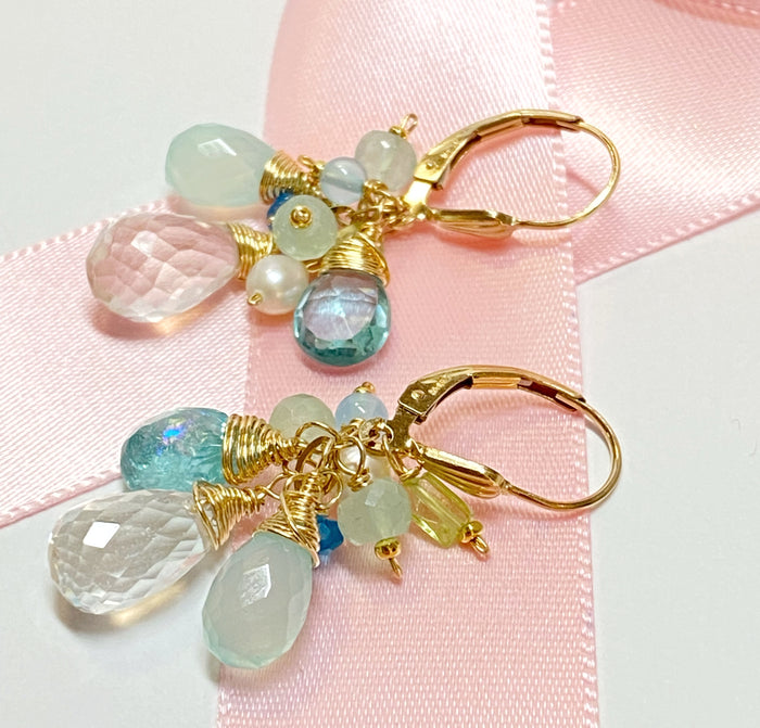 Aqua Gold Filled Dangle Earrings Crystal Quartz & Apatite