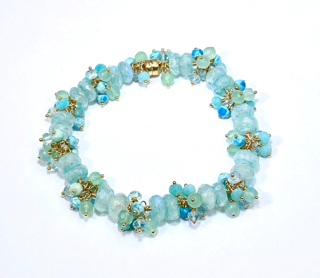 Aqua Moonstone Cluster Bracelet Sterling Silver or Gold Fill - doolittlejewelry