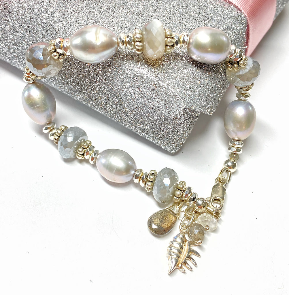 Grey Mystic Moonstone and Silver Gray Pearl Bracelet Sterling Silver