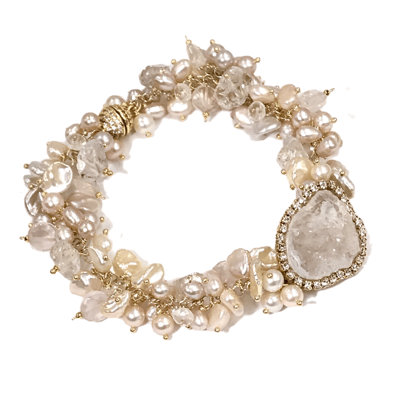 Ivory Blush Tabasco Geode Cluster Bracelet with Herkimer Diamond Quartz - doolittlejewelry