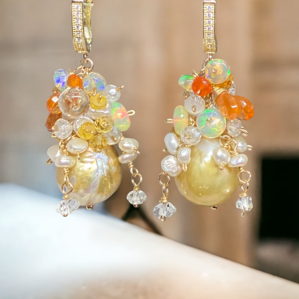 pond slime baroque pearl cluster earrings with mandarin garnet and opals