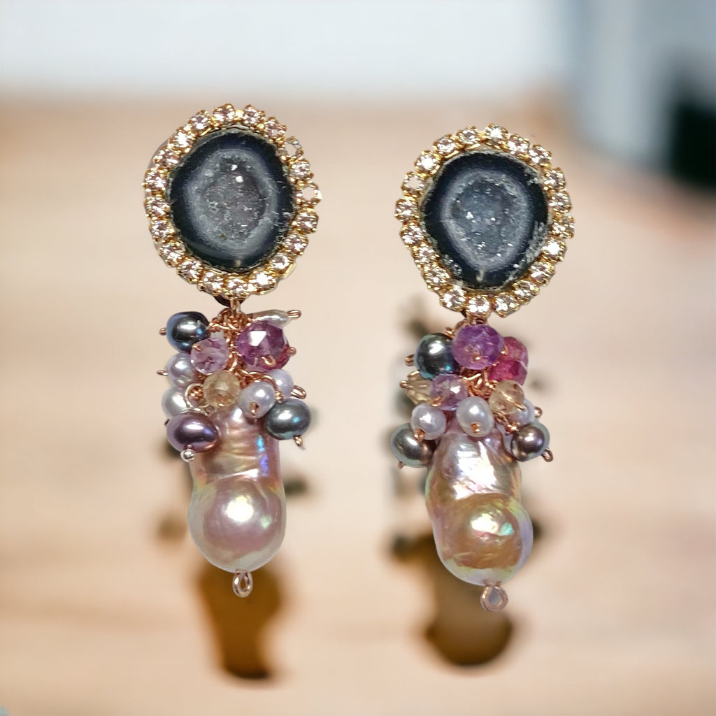 Black Tabasco Geode Earrings with Baroque Pearl Clusters