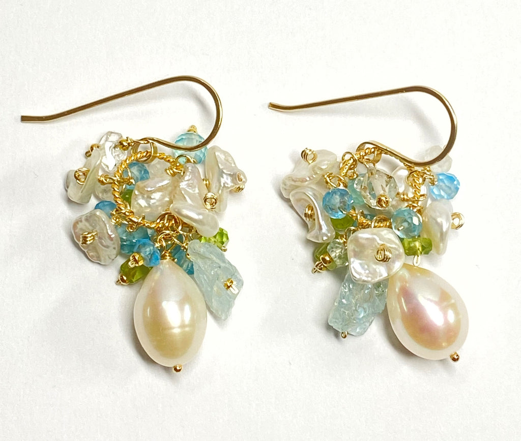 ivory baroque pearl earrings clusters of aquamarine, peridot, herkimer diamond quartz