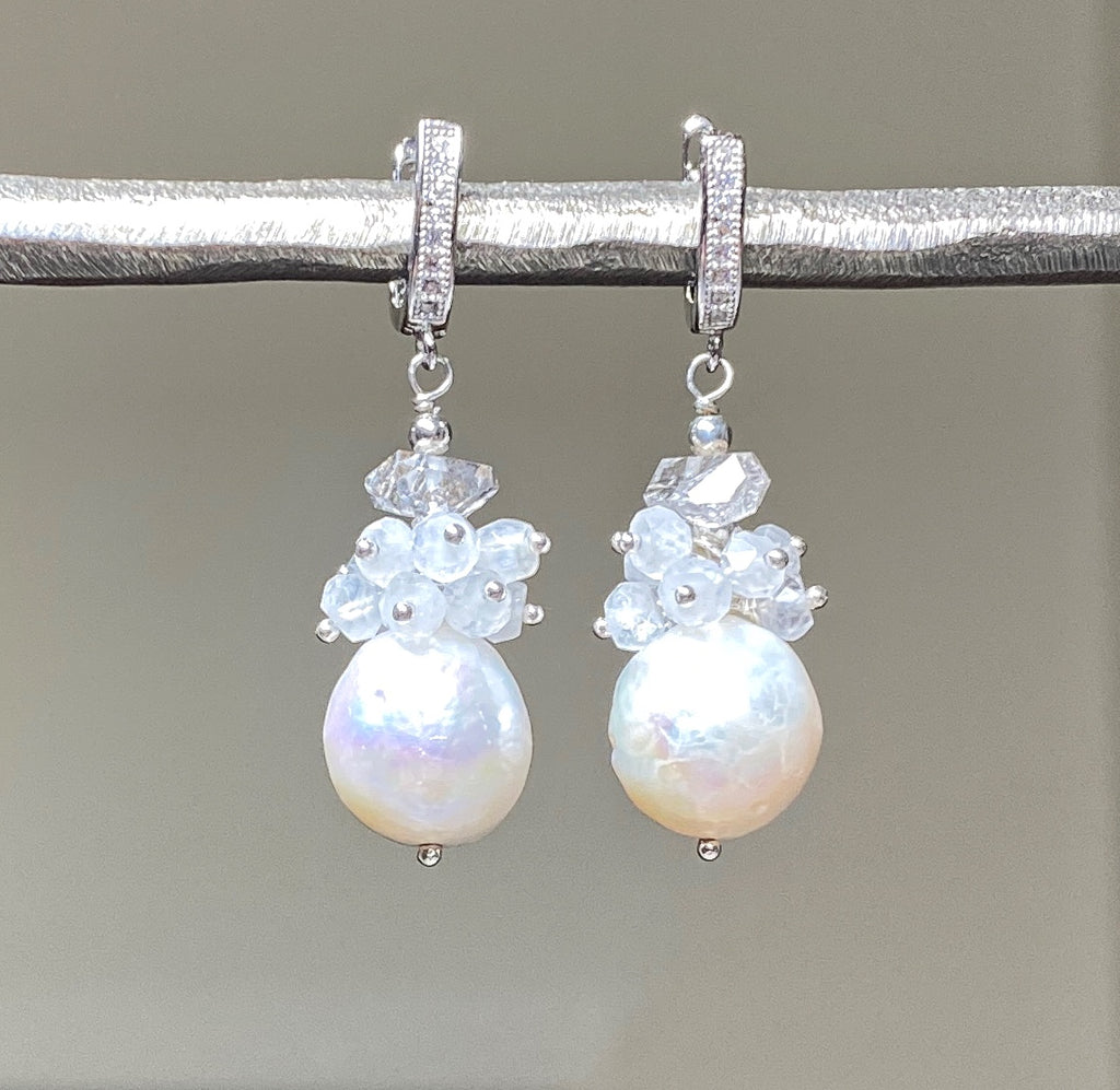 Herkimer Diamond, Edison Pearl, Moonstone Cluster Wedding Earrings