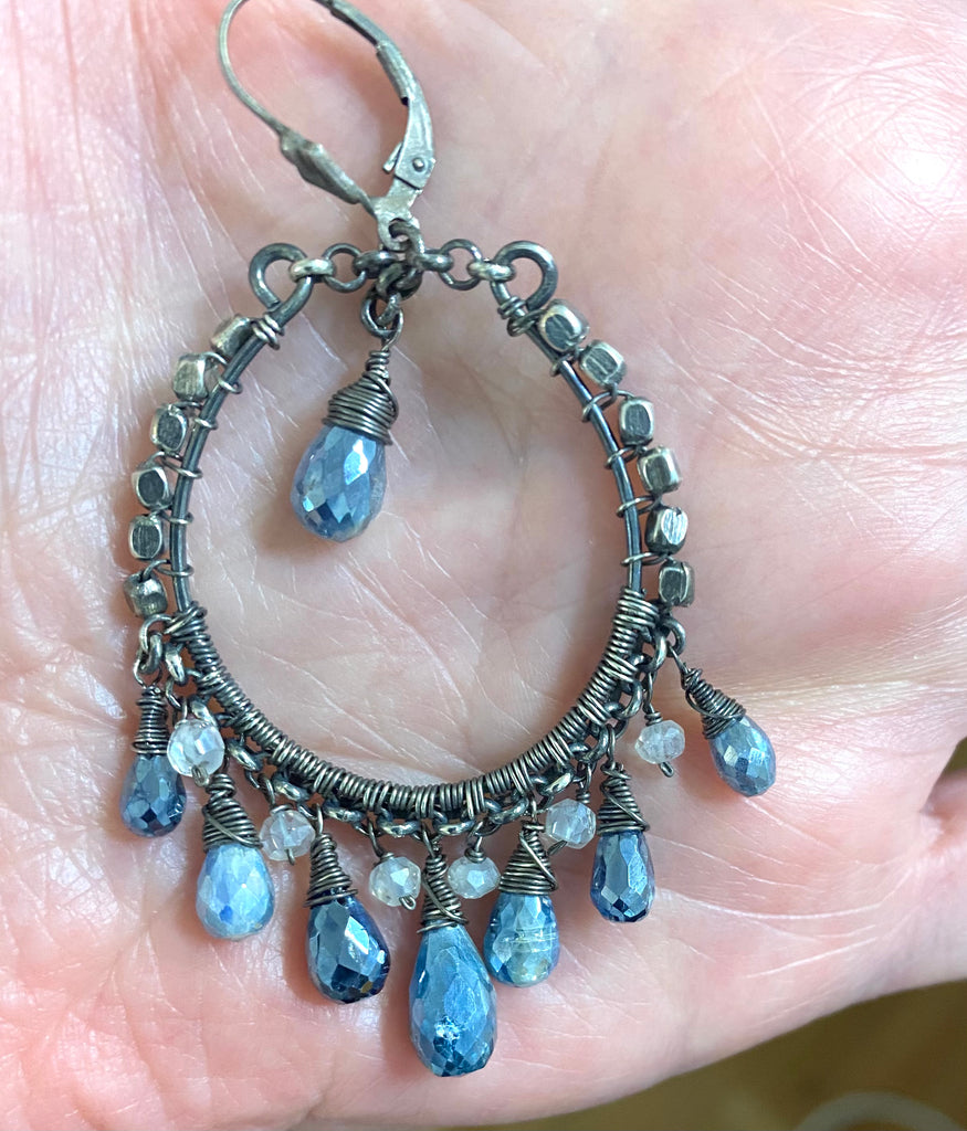 Boho Hoop Earrings Oxidized Silver Mystic Blue Kyanite Gemstones