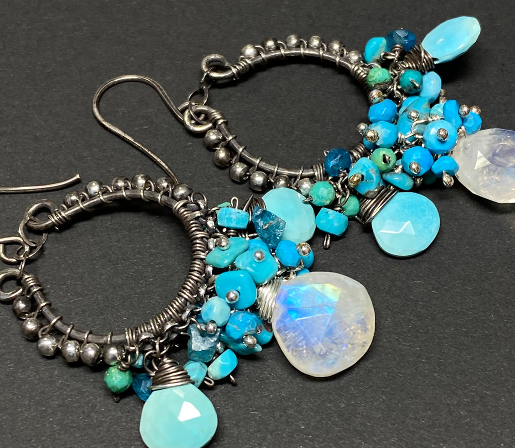 Turquoise and Rainbow Moonstone Chandelier Hoop Earrings Oxidized Silver