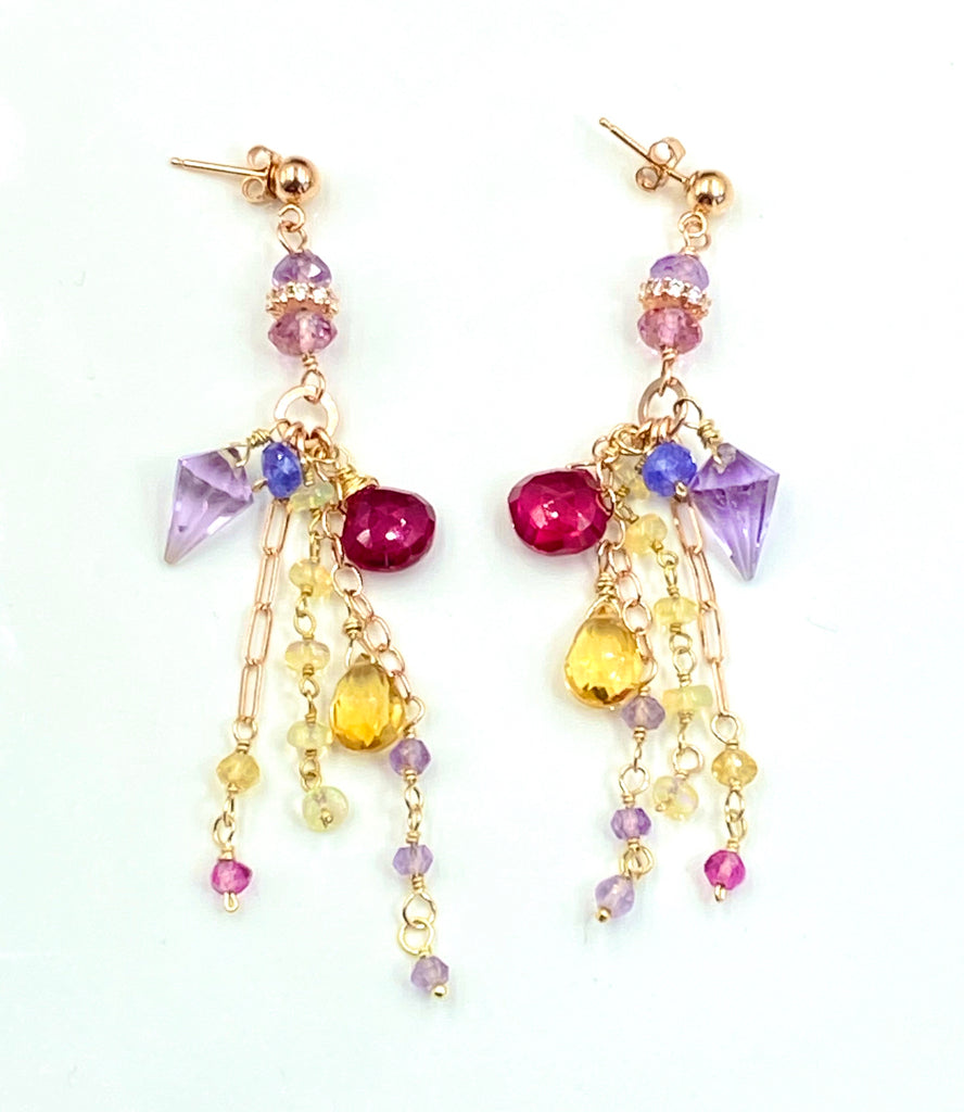 Multi-color Gemstone Long Chain Dangle Earrings Red Topaz Pink Amethyst Citrine Opal Rose Gold - doolittlejewelry