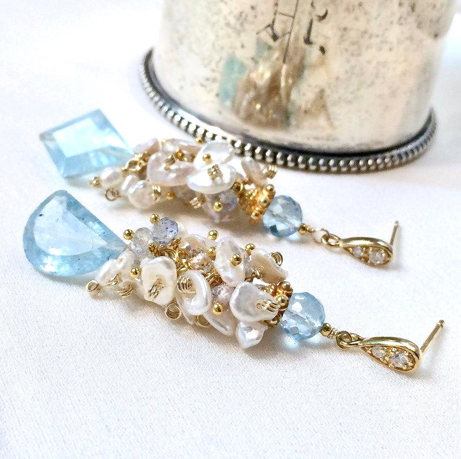 Keishi Pearl Blue Aquamarine Gemstone Cluster Earrings - doolittlejewelry