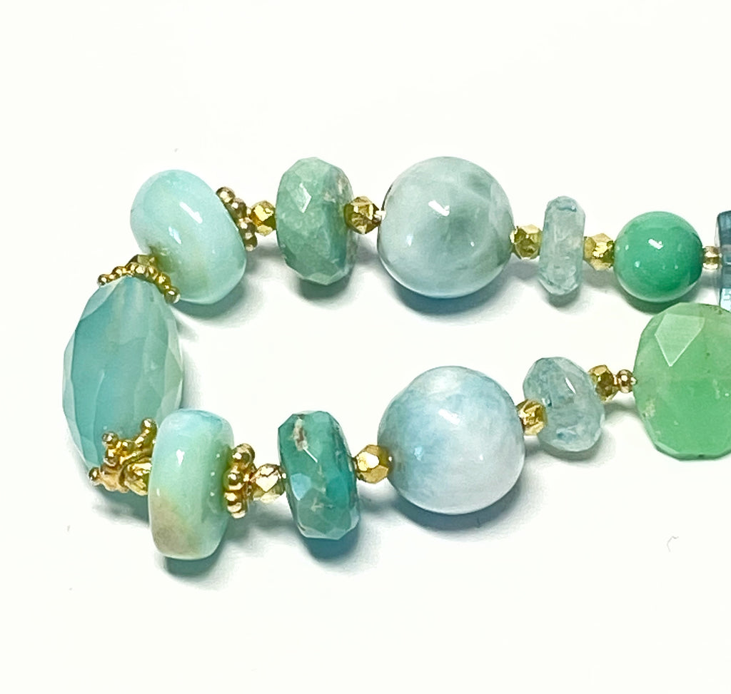 Aqua Chalcedony, Pearl and Gem Silk Knot Bracelet