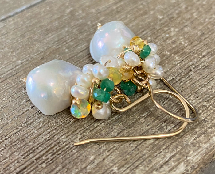 baroque pearl emerald opal cluster earrings