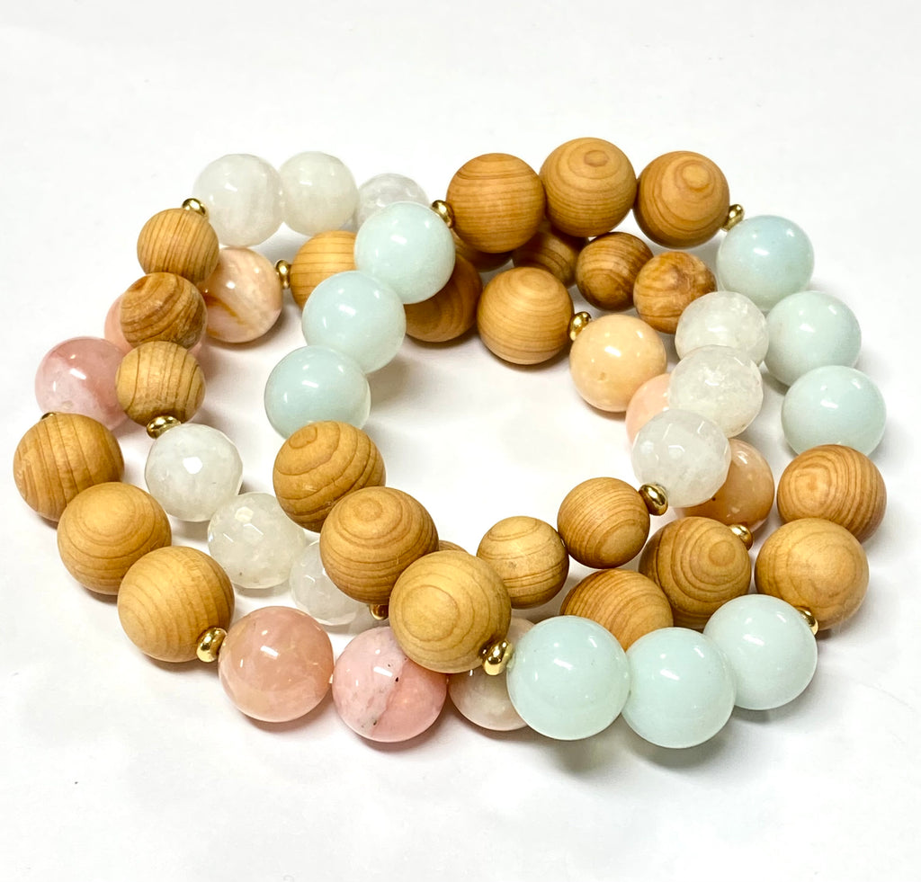 Pastel Gemstone Sandalwood Stretch Stacking Bracelet Set