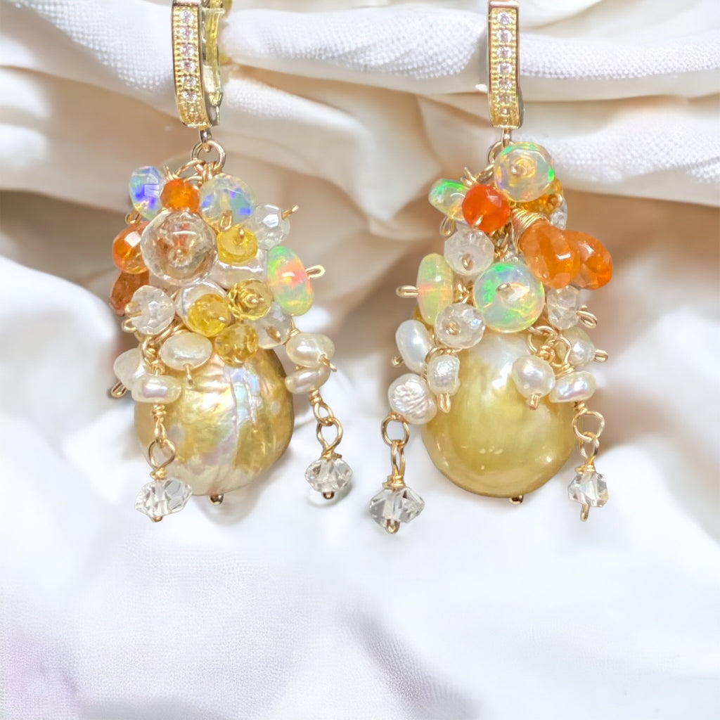 Pond-slime Baroque Pearl and Gemstone Cluster Earring