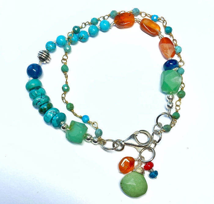 Turquoise, Carnelian Silk Knot Bracelet, Boho Style
