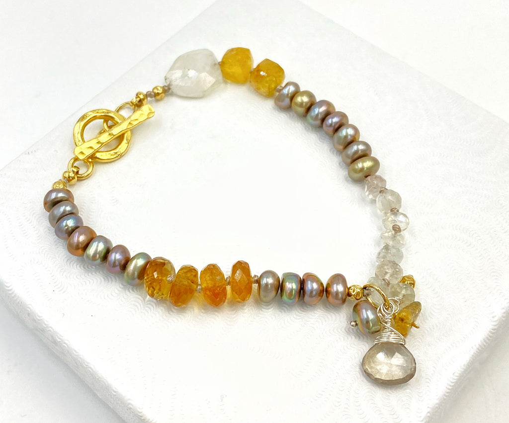 Beige Pearl Citrine Moonstone Bracelet Gold and Silver