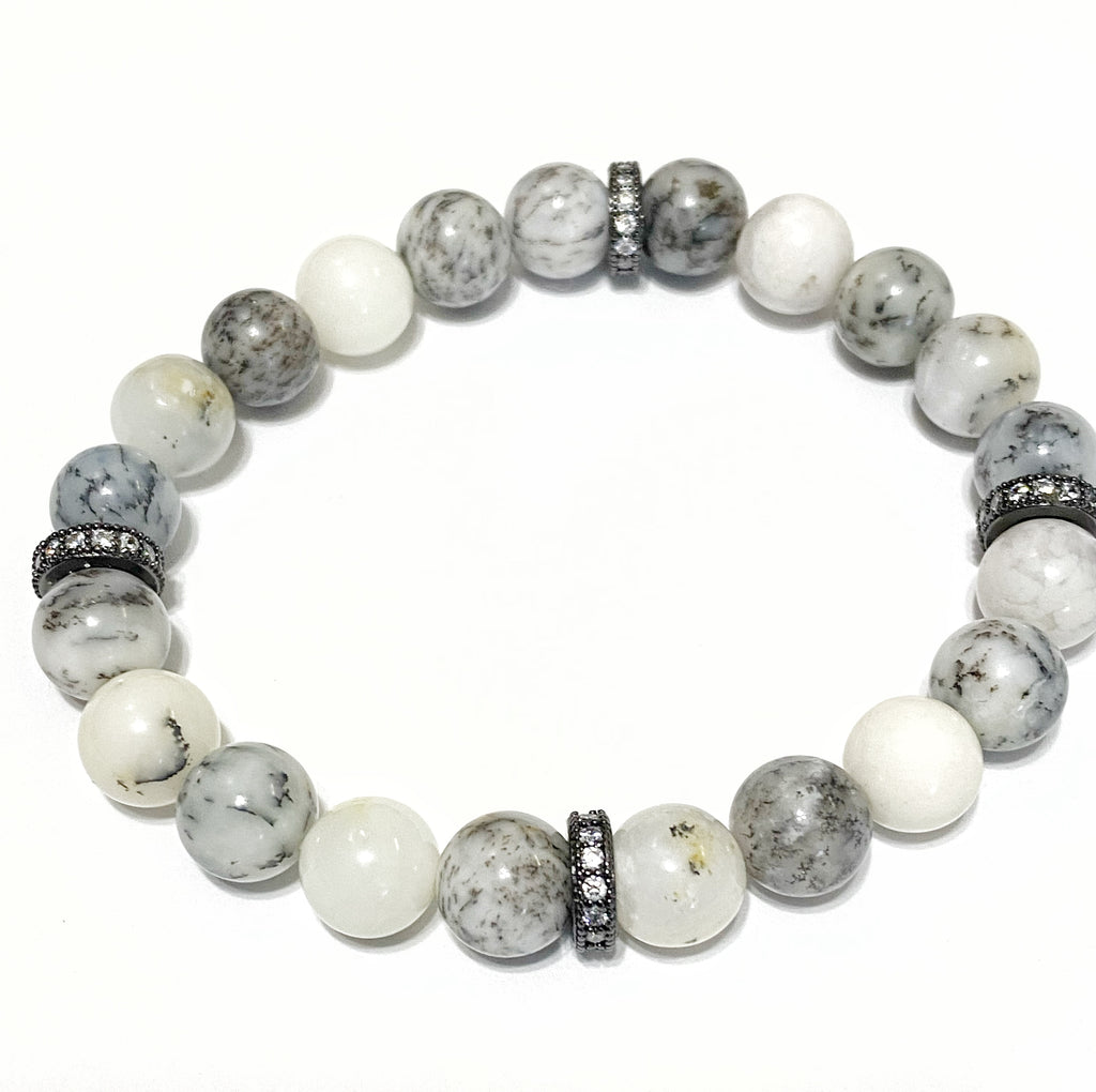 Black and White Stretch Bracelet, Dendritic Opal