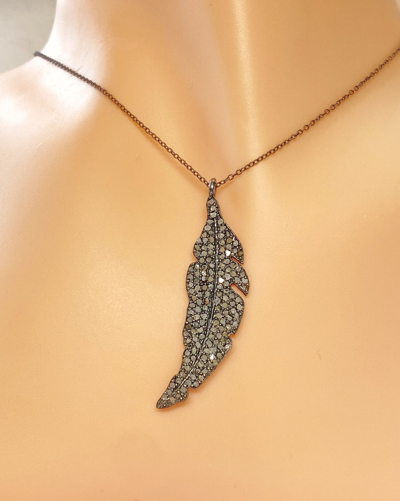 Pave Diamond Feather Pendant, Oxidized Sterling Silver