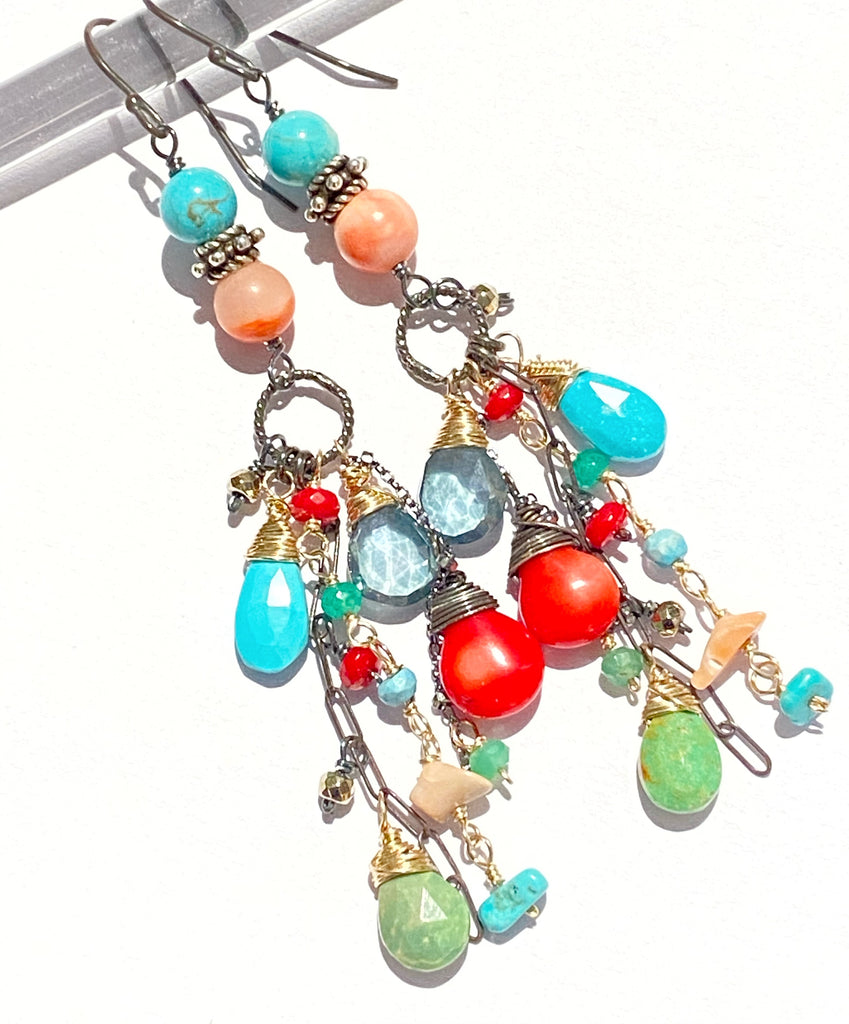 Turquoise Long Boho Earrings Mixed Metal Red Coral Green Turquoise