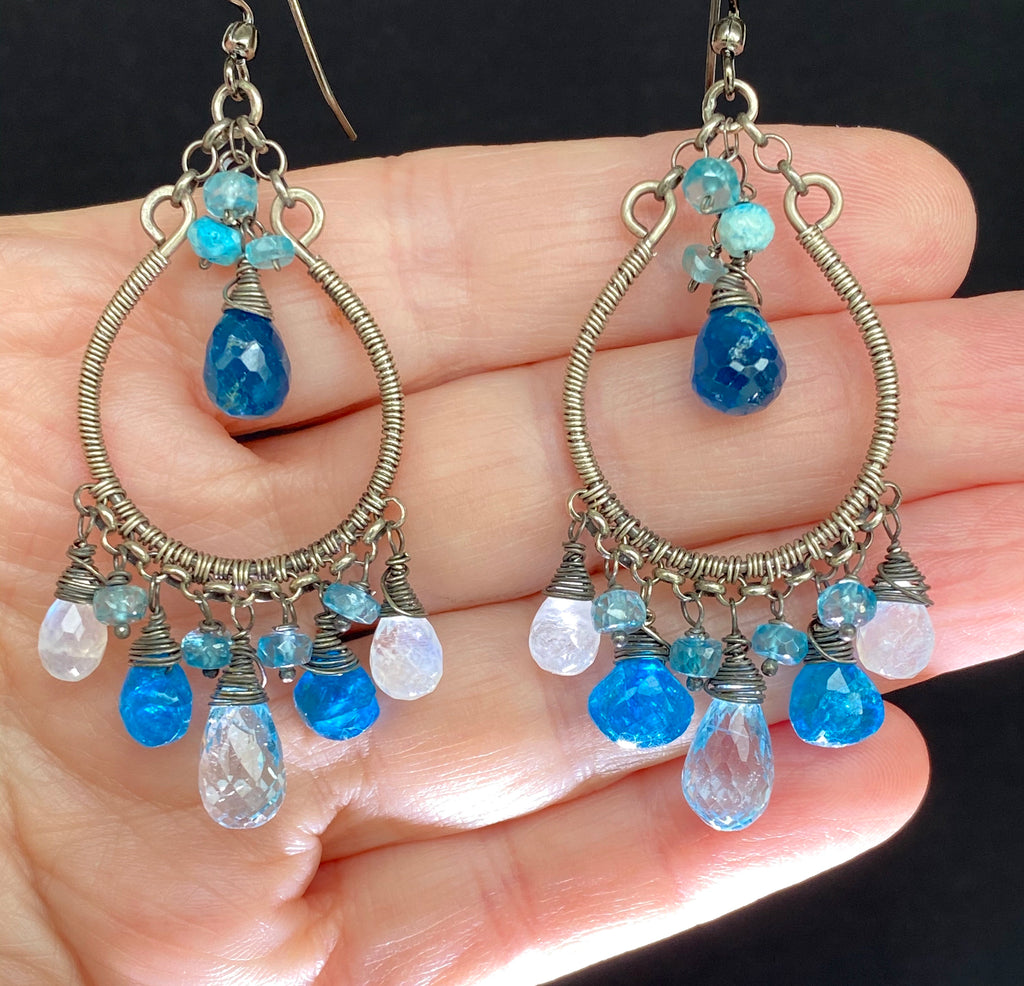 Rainbow Moonstone Hoop Earrings Oxidized Silver Blue Topaz Teal Apatite - doolittlejewelry