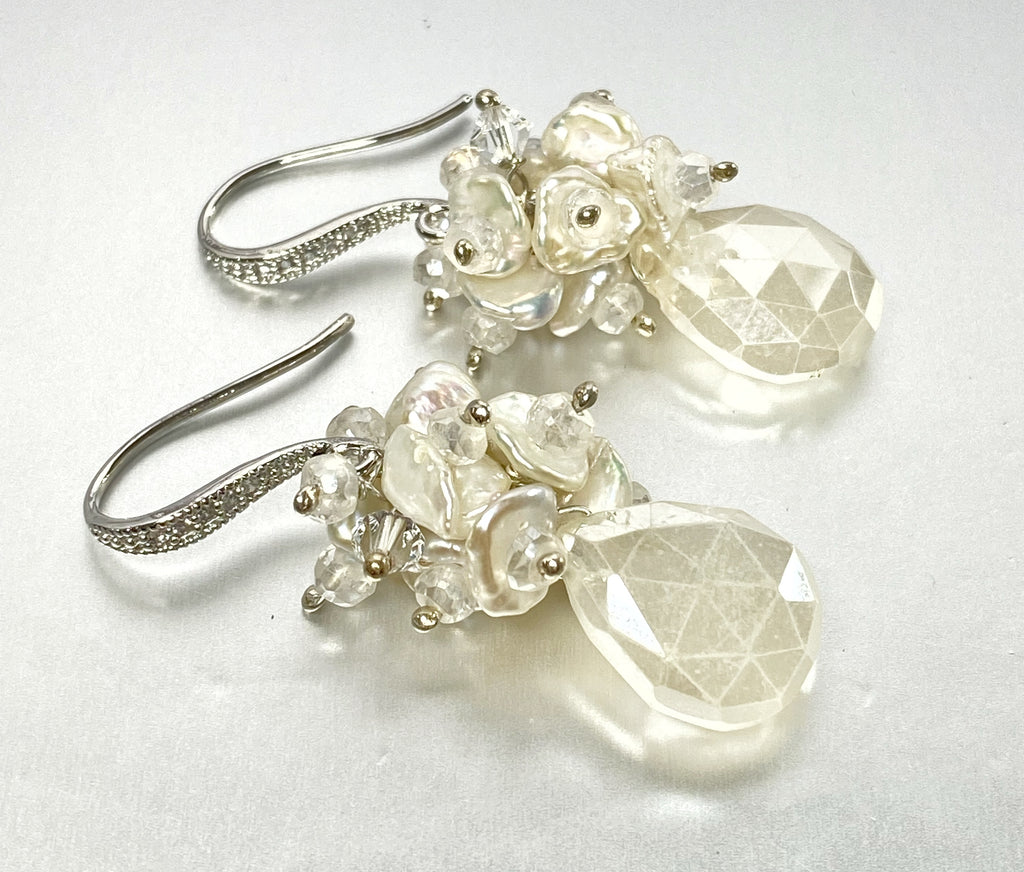 Mystic Ivory Chalcedony Keishi Pearl Cluster Earrings