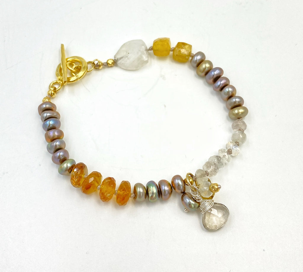 Beige Pearl Citrine Moonstone Bracelet Gold and Silver