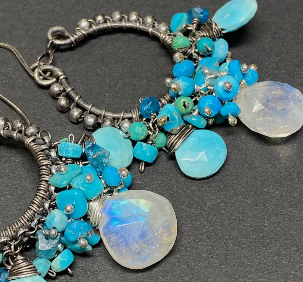 Turquoise and Rainbow Moonstone Chandelier Hoop Earrings Oxidized Silver