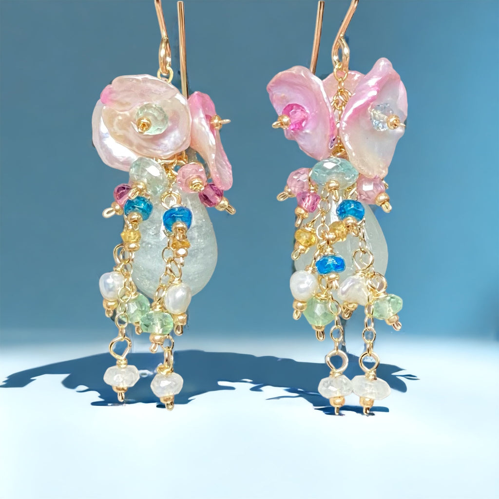 blue aquamarine earrings with pink keishi pearl clusters and dangling chains of colorful gemstones earrings