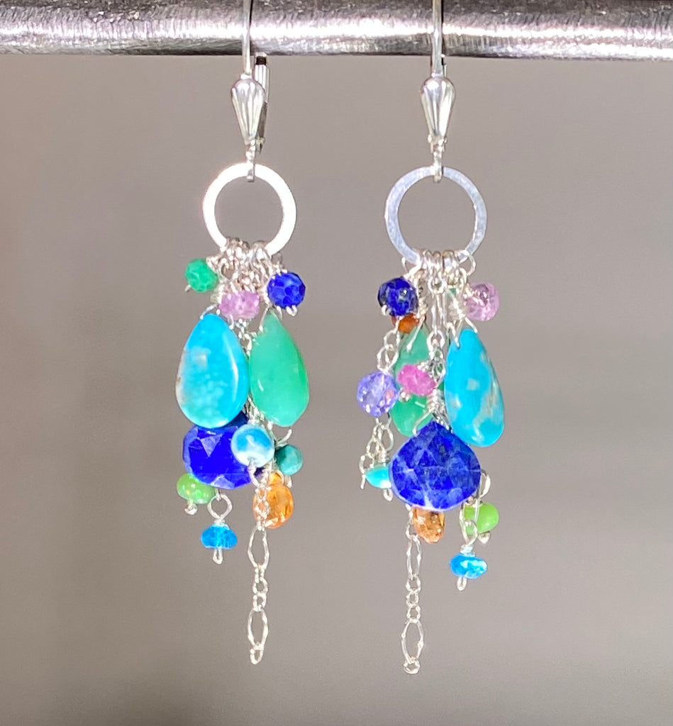 Sterling Silver Dangle Earrings Multicolor Gem Lapis Turquoise Chrysoprase