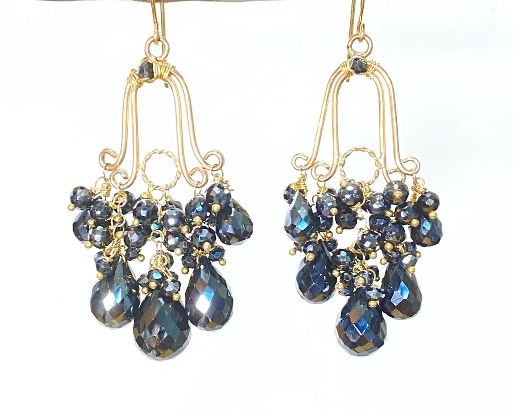 Gemstone Black Spinel Gold Fill Handmade Chandelier Earrings