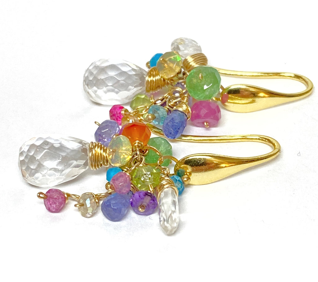 Crystal Quartz Dangle Earrings with Multi Gemstone Cluster